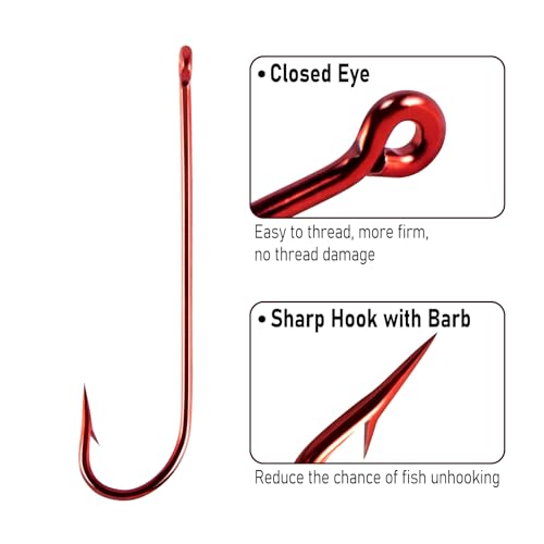 Aberdeen Fishing Hooks - 100 Pack Extra Long Shank Red Nickel #6