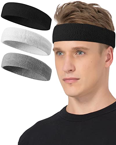 Athletic Sweatbands - Cotton Headbands for Men & Women - Black/White/Gray