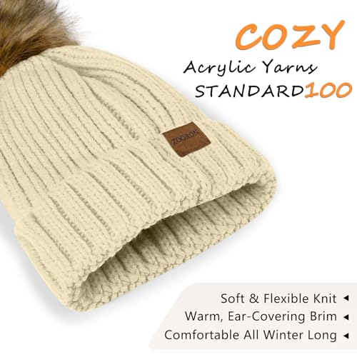 Women's Winter Knitted Beanie Hat with Faux Fur Pom - Beige