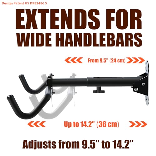 Bike Wall Mount Hanger - Adjustable Horizontal Storage Rack - Black 2-Pack