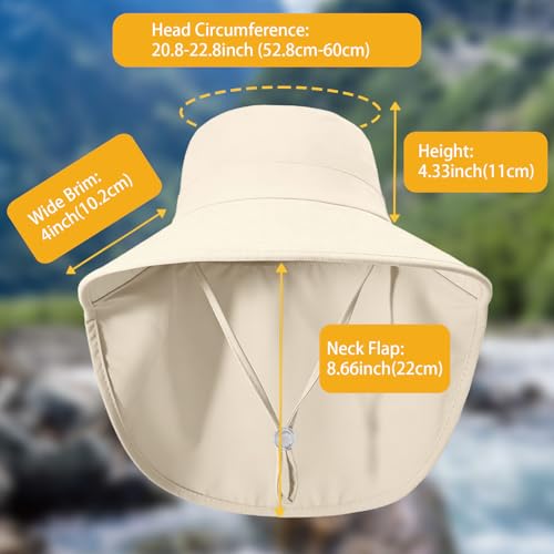 Ruqizhi Beige Sun Hat for Women with Neck Flap & Ponytail Hole UPF 50+ Rollable UV Protection - Size 1