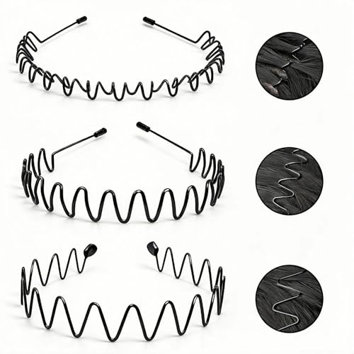 Metal Headband for Men - Non-Slip Wave Hair Band, Black-H