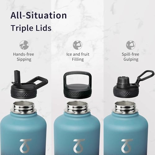 Trebo 64 oz Insulated Stainless Steel Water Bottle with 3 Lids, Paracord Handle & Carry Bag - Indigo/Black