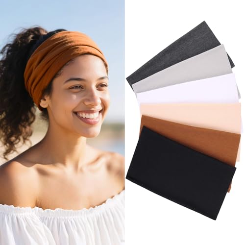 Wide Headbands for Women - 6 Pack Non-Slip Turban Headbands - Black, White, Gray, Beige, Coffee