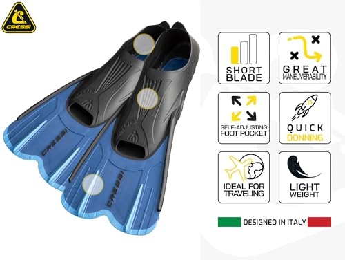 Cressi Adult Short Light Swim Fins with Self-Adjusting Full Foot Pocket - Blue EU 43/44