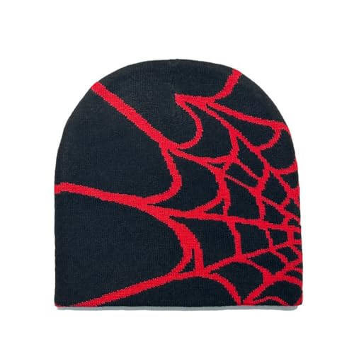Y2K Spider Beanie Hat - Warm Acrylic Knit Skull Cap - Black Red