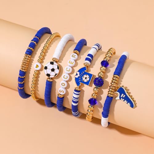 Stretch Beaded Soccer Bracelet - Game Day Sports Jewelry - Blue