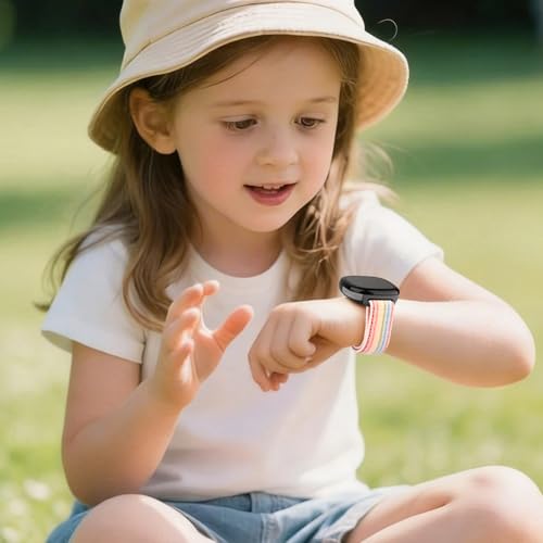 Soft Nylon Bands for Fitbit Ace LTE - Black+Pink Sand+Rainbow