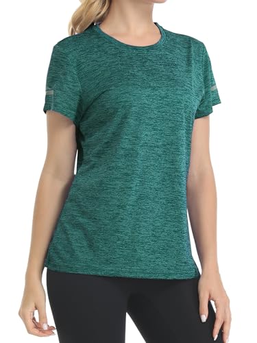 Peakwell Women's Emerald Green Workout Top - Moisture Wicking Yoga T-Shirt, Large