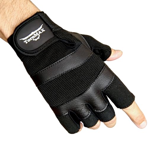 Padded Leather Weight Lifting Gloves - Breathable Gym Training Grip - Large Black