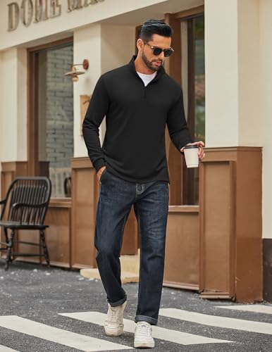 Men's Black Large Quarter Zip Pullover Sweatshirt - Long Sleeve Mock Neck Sweater