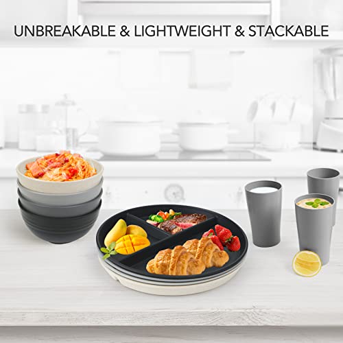 Grey Series 9 Inch Unbreakable Divided Plates - Set of 4, Reusable, BPA-Free