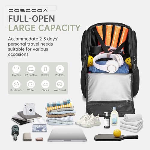 COSCOOA Black Large Pickleball Bag with Shoe Compartment 27L Backpack