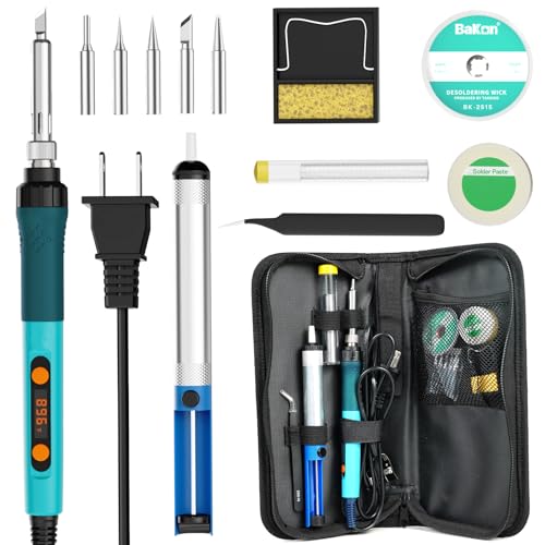 Soldering Iron Kit,90W LED Digital Soldering Gun Kits,Adjustable Temperature Soldering Welding Tool Kit with 5 Solder Iron Tips,Solder Stand,Solder Wire,Desoldering Pump, Tweezers,Auto Sleep (13 in 1)