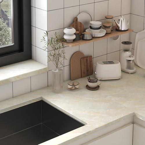 Glossy Marble Peel and Stick Wallpaper for Kitchen Countertops & Walls ? Self Adhesive Waterproof Contact Paper, Removable Vinyl Wall Covering, Easy DIY Home Decor (15.3" x 78.8")