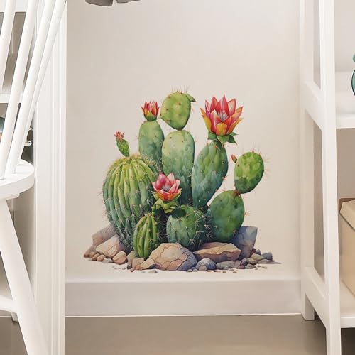 Cactus Succulent Cobblestone Wall Stickers, sacinora Tropical Green Plants Wall Decals Removable Vinyl Peel and Stick for Living Room Bedroom Kids Baby Nursery Art Decorations