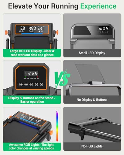 Portable Treadmill with 15% Incline, Dual Display & RGB Light - Black