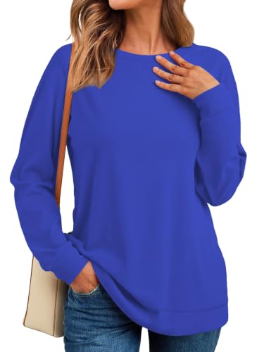 RUMIA Blue Large Crewneck Sweatshirt for Women with Pocket, Fall Long Sleeve Top
