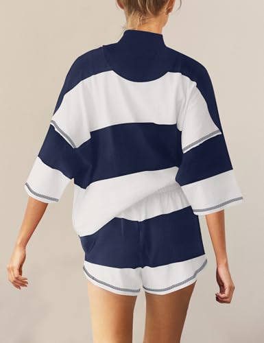 Women's Striped Workout Set - 2 Piece Summer Activewear, Navy White, Medium