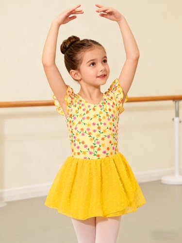 Funnycokid Girl Ballet Leotard 5T Flower Yellow Dance Costume