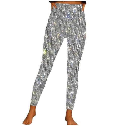 High Waisted Glitter Leggings for Women - Silver, XX-Large