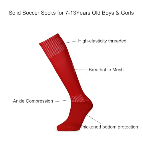 Kids Athletic Soccer Socks - 2 Pair Pack, Breathable for Ages 7-13
