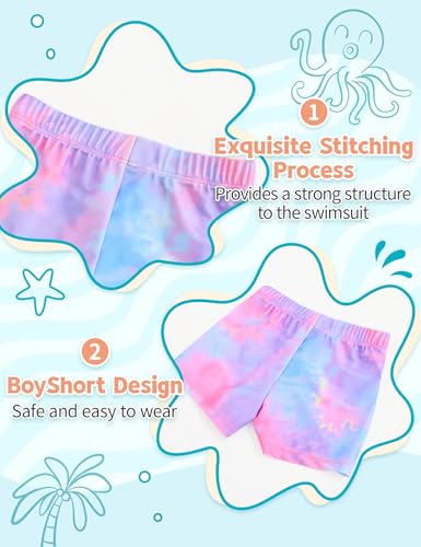 Girls Long Sleeve Rash Guard Swimsuit with Shorts - Tie Dye B, 10-12 Years