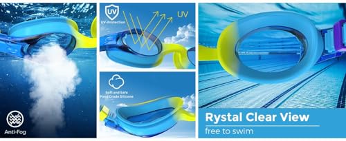 Kids Swim Goggles - Anti-Fog Lenses, 100% UV Protection - Blue & Yellow