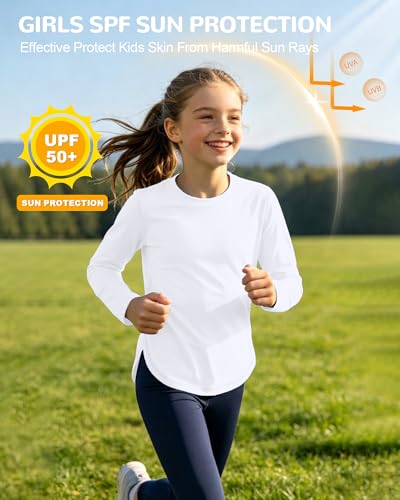 Runhit Girls UPF 50+ Rash Guard Long Sleeve Sun Protection Shirt 11-12 Years White
