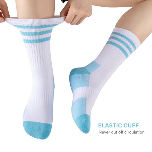 COOPLUS Women's Athletic Crew Socks 5 Pairs Cushioned Cotton Wicking, One Size - White