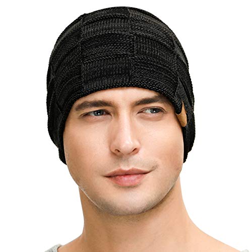 Warm Slouchy Beanie Hat for Men - Black Knit Winter Cap