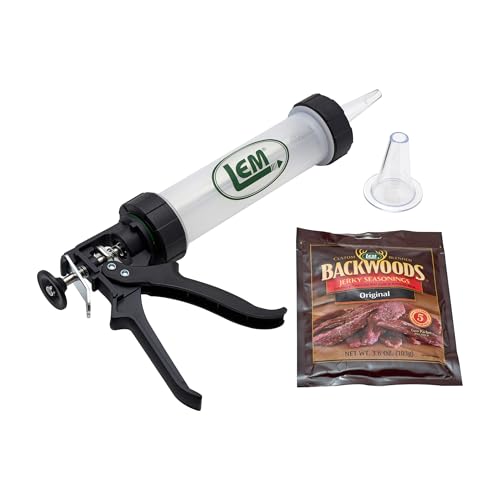 LEM Jerky Gun & Backwoods Seasoning (12 oz) – 3/4 lb Capacity, Includes 2 Nozzles