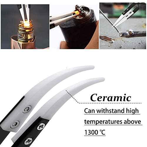 3pcs Stainless Steel Anti-Static Ceramic Solder Tweezers Non-Conductive, Highly Heat Resistant, Anti-Magnetic Straight Curved Tips Precision Tweezers for Electronic Soldering Tool