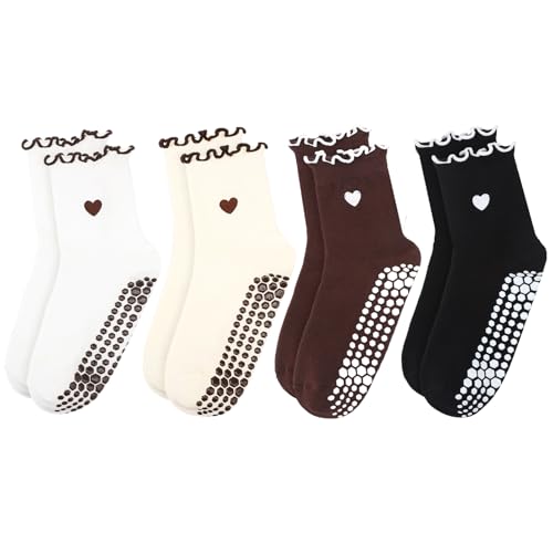 Non-Slip Pilates Socks for Women - Cotton Grip Socks, Morandi Heart - 4 Pack