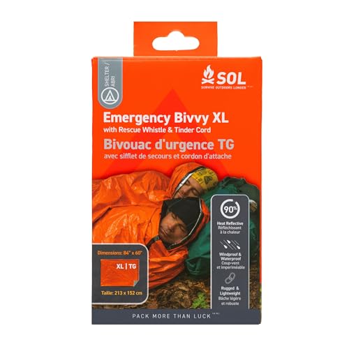 SOL Emergency Bivvy XL with Rescue Whistle - Reflective Survival Blanket & Shelter, Orange, 84x60 Inches