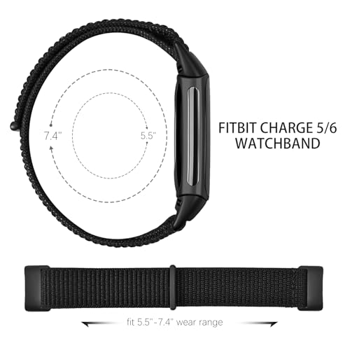 Nylon Watch Bands for Fitbit Charge 5/6 - 2 Pack Black