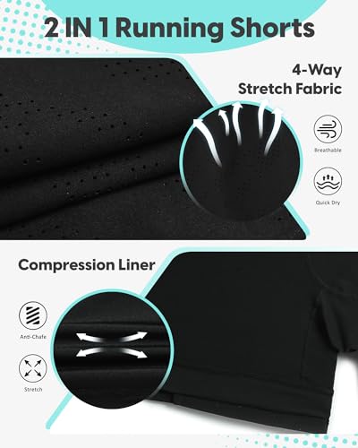 Medium Black Mens Running Shorts with Compression Liner 5" Quick Dry Zip Pocket