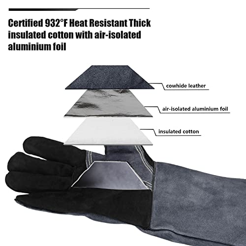 932¢µ Grill BBQ Gloves 16-inch Heat Resistant Leather Forge Welding Glove with Flame Retardant Long Sleeve and Insulated Lining for Men and Women Black-Gray