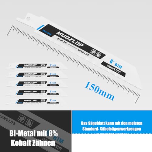 5 Pack 6 inch Reciprocating Saw Blades Set,18 TPI High Carbon Saw Blades, Metal Saw Blades with Organizer Case (5, 18TPI/150mm)