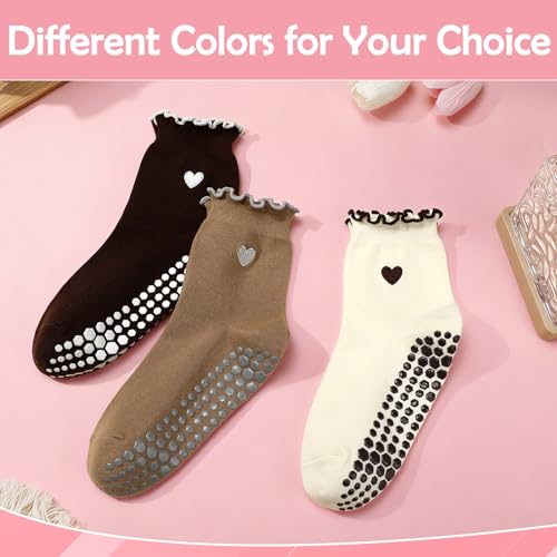 Cute Non-Slip Pilates Socks for Women - 3 Pairs in Beige, Coffee, Brown