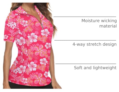 Womens Quarter Zip Polo Shirt - Short Sleeve Quick Dry Athletic Top - Small Pink Floral
