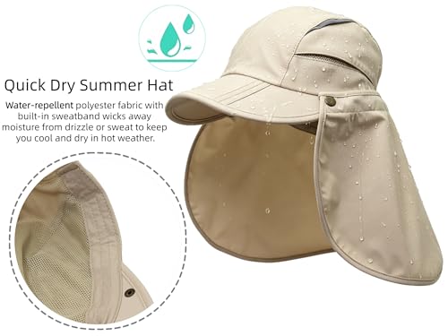 Large Khaki Men Women Safari Fishing Sun Hat with Removable Neck Flap UPF 50+ UV Protection, Quick Dry Breathable