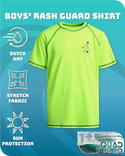 Boys Short Sleeve Rash Guard Swim Shirt - Sun Protection, Neon Lime (5-6)