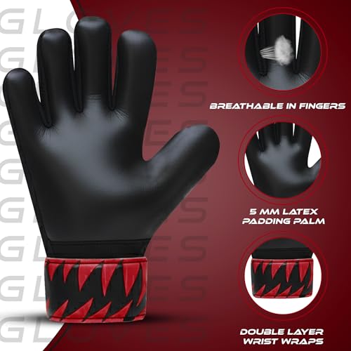 Kids Soccer Goalie Gloves - Youth Goalkeeper Gloves, Red, Size 5