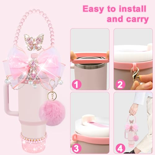 LBU Pink Bling Stanley Cup Accessories Set – 40/30/20 Oz Tumbler Charms & Bow Topper