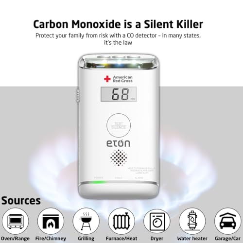 American Red Cross by Eton Carbon Monoxide Detector with10-Year Battery, Digital Display, LED Status Indicator, Emergency LED Flashlight and Energizer Batteries. Plug-in with Battery Back-up