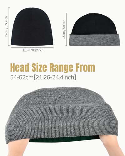 Reversible Beanie Knit Winter Hat for Men & Women - Black/Grey