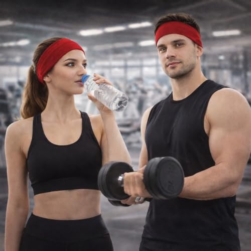 Soft Cotton Stretchy Headband - Non-Slip Sweat Band - Red