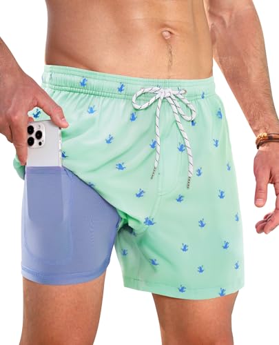 Gleeease Men's 5 Inch Quick Dry Swim Trunks with Compression Liner - Large Blue Frog