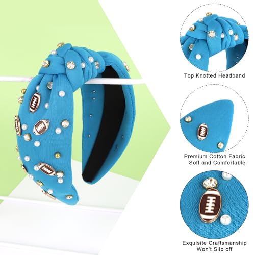 Football Knotted Headband - Crystal Jeweled Sports Hair Accessory - Blue Lion